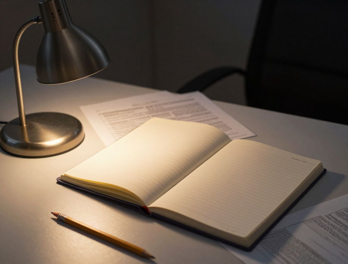 Softly lit open notebook on a research desk with a warm reading lamp glow, surrounded by paper documents and a pencil, evoking quiet editorial inquiry