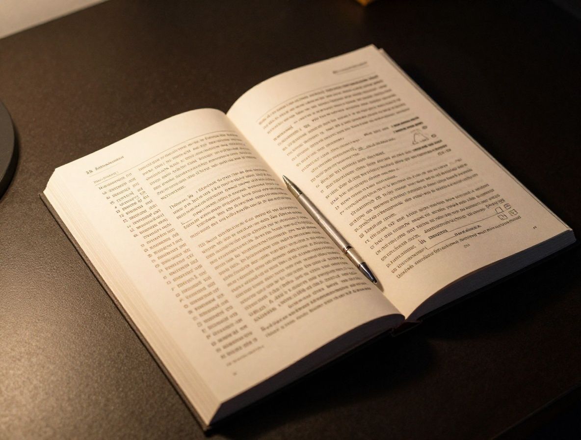 Close perspective of an open textbook with a pen resting on detailed notes, photographed in warm ambient light against a dark matte desk surface