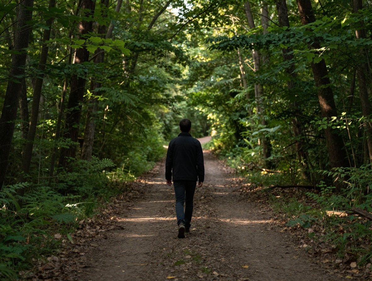Person walking alone along a peaceful forest trail in soft afternoon light, seen from behind in a contemplative posture amid tall green trees