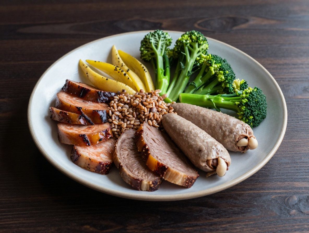 Artistically arranged balanced meal with fresh vegetables, whole grains, and lean proteins on a matte ceramic plate against a dark wooden table, representing considered nutritional context