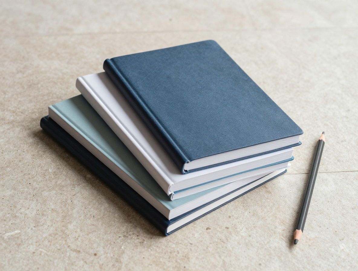 Neatly arranged stack of academic journals and notebooks on a light stone surface with a minimalist pencil beside them, representing structured editorial research